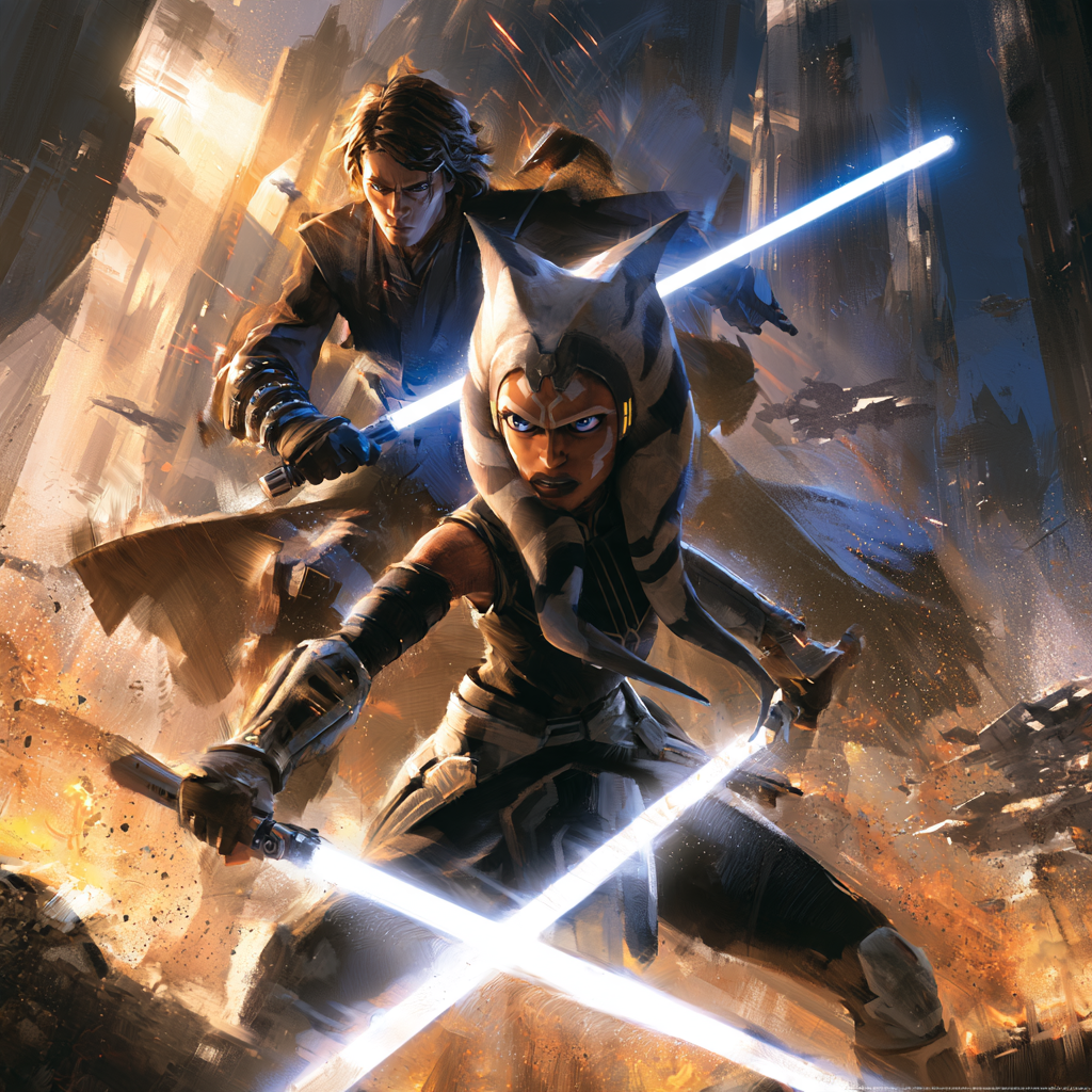 Illustration von Ahsoka Tano und Anakin Skywalker mit Lichtschwertern in einer Schlacht.